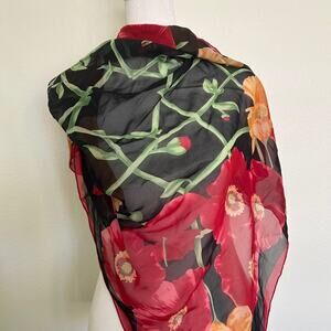 Halston Lifestyle 100% Silk Floral Red Black Flower Classic Poppies